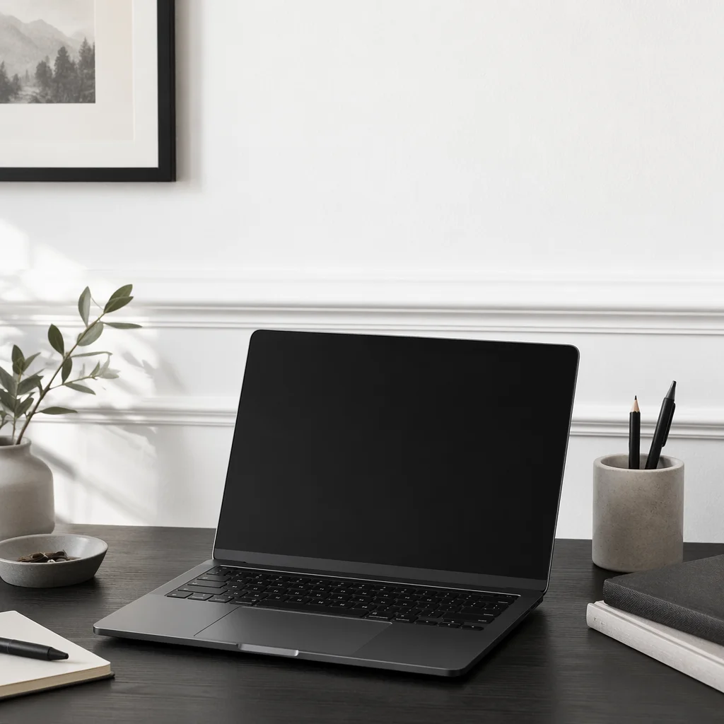 Minimal Modern Laptop Workspace on White Desk
