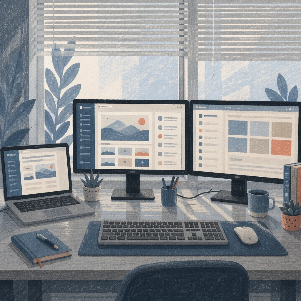 Modern Laptop Desk Workspace with Dual Monitors
