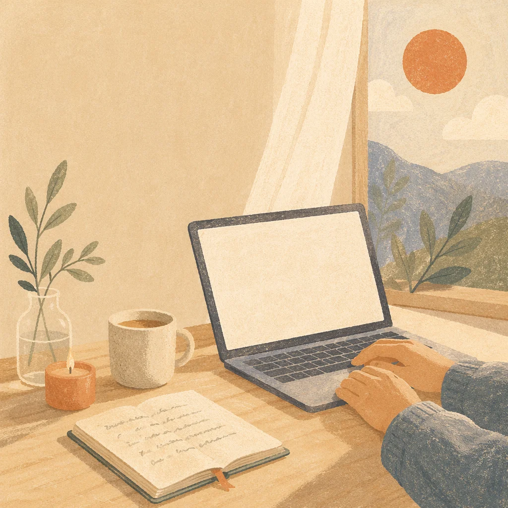Calm Dawn Laptop Workspace with Olive Leaves