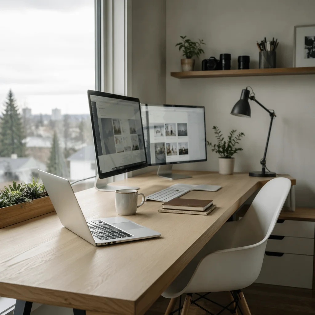 Modern Laptop Workspace by Bright Window