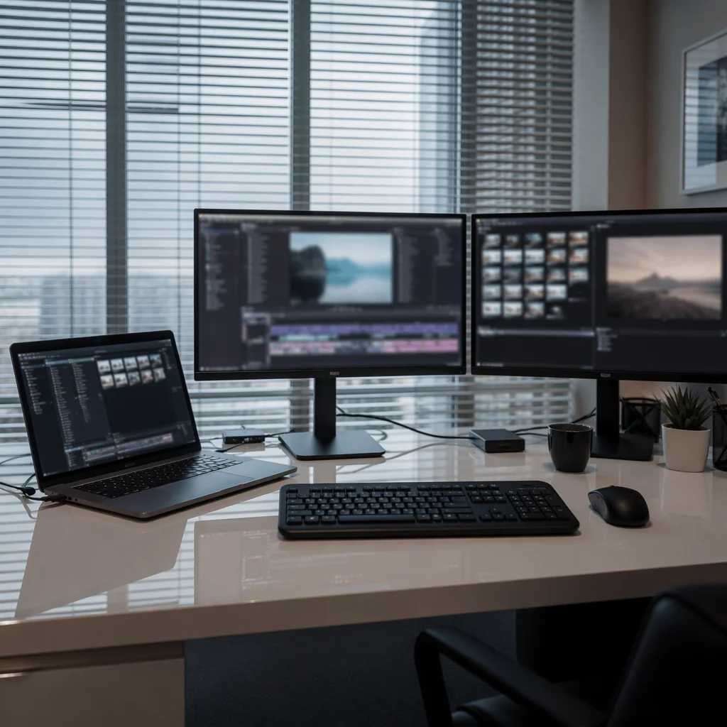 Modern Office Laptop and Monitor Workspace