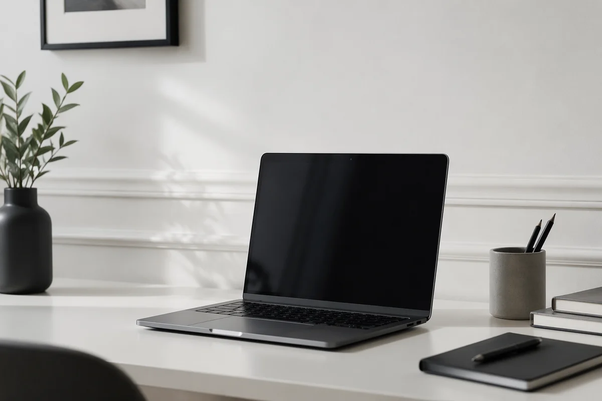 Modern Laptop Workspace on White Desk