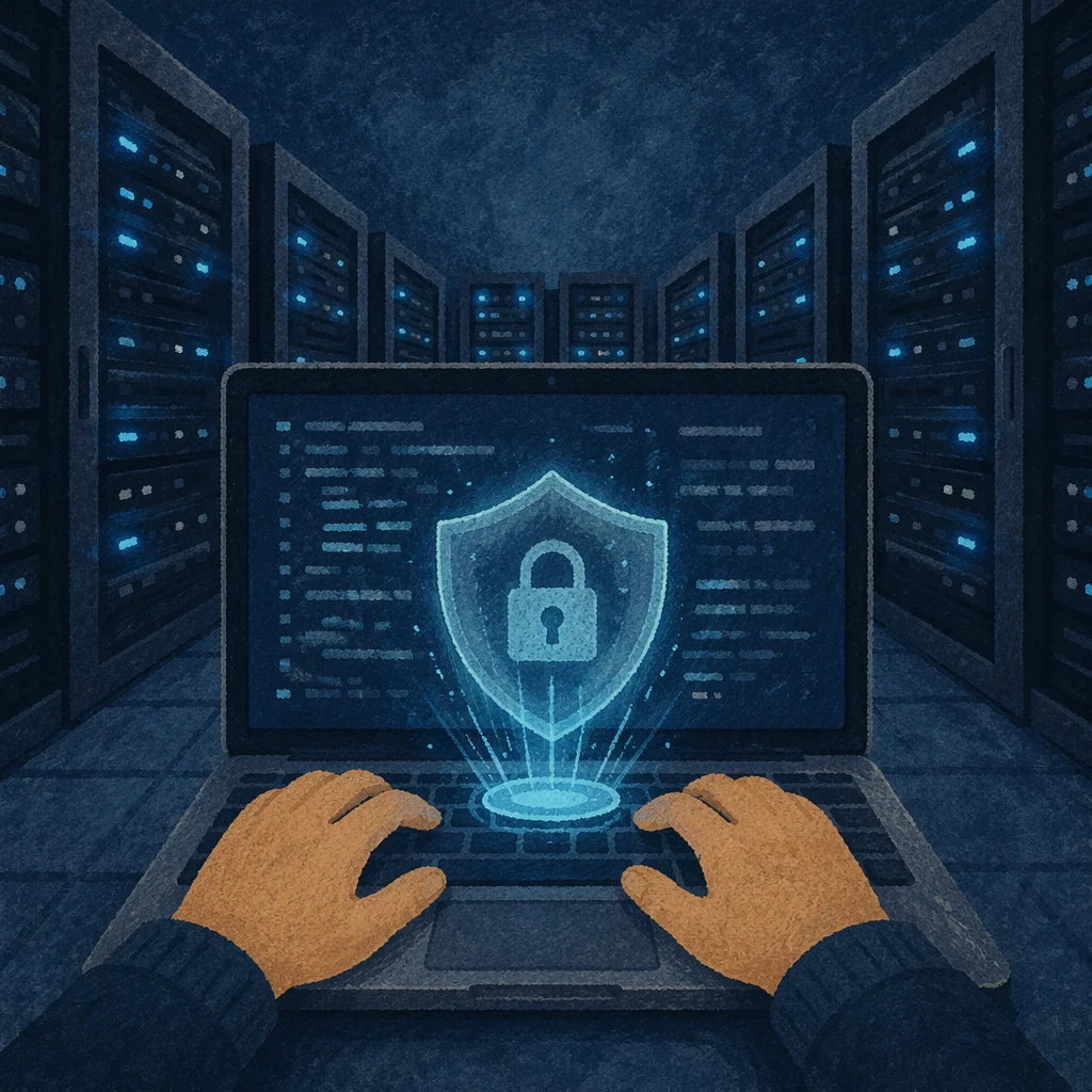 Cybersecurity Shield Over Laptop in Server Room