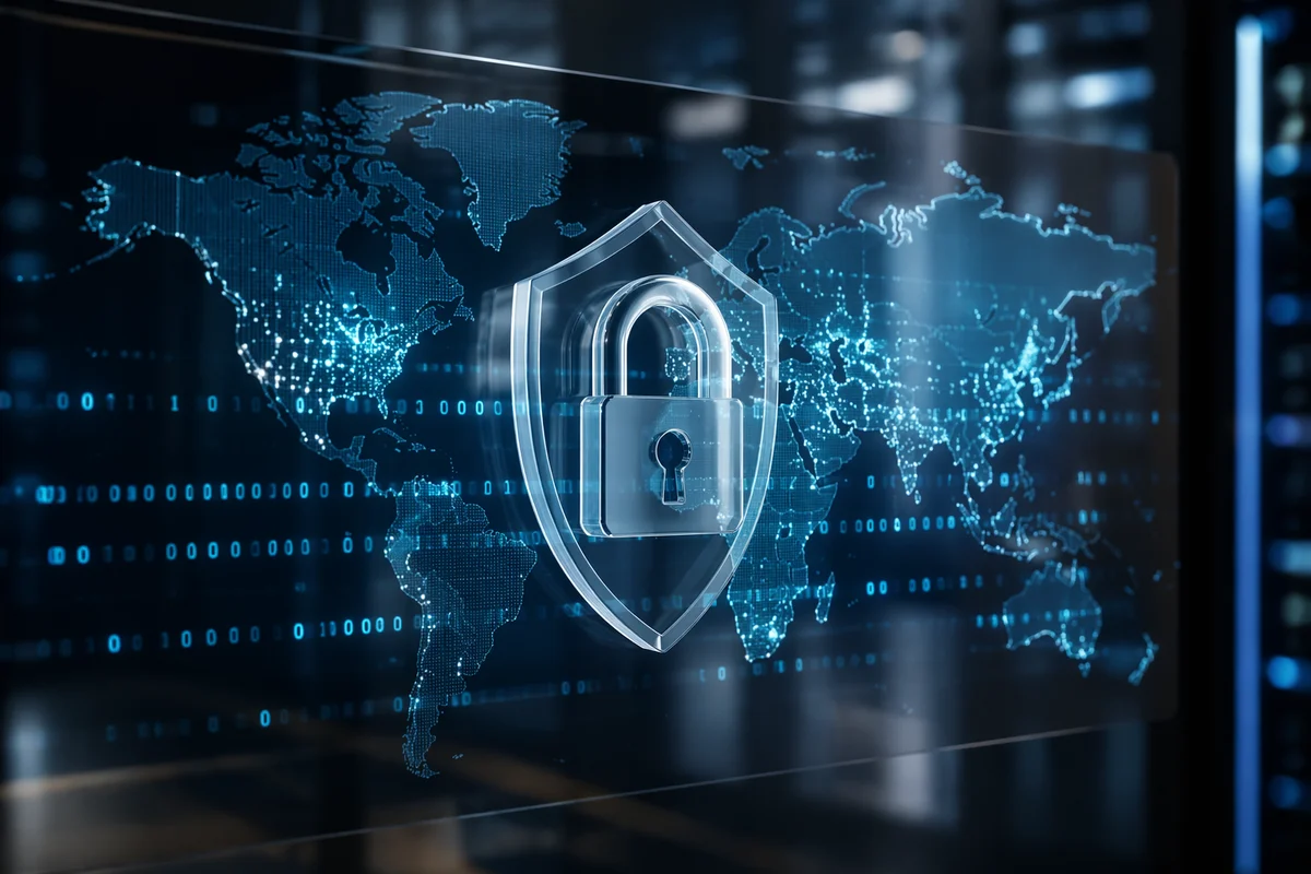 Cybersecurity Lock Shield on Digital Map