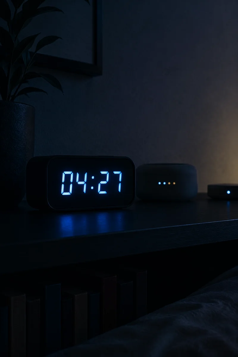 Blue Digital Clock in Pre-Dawn Darkness