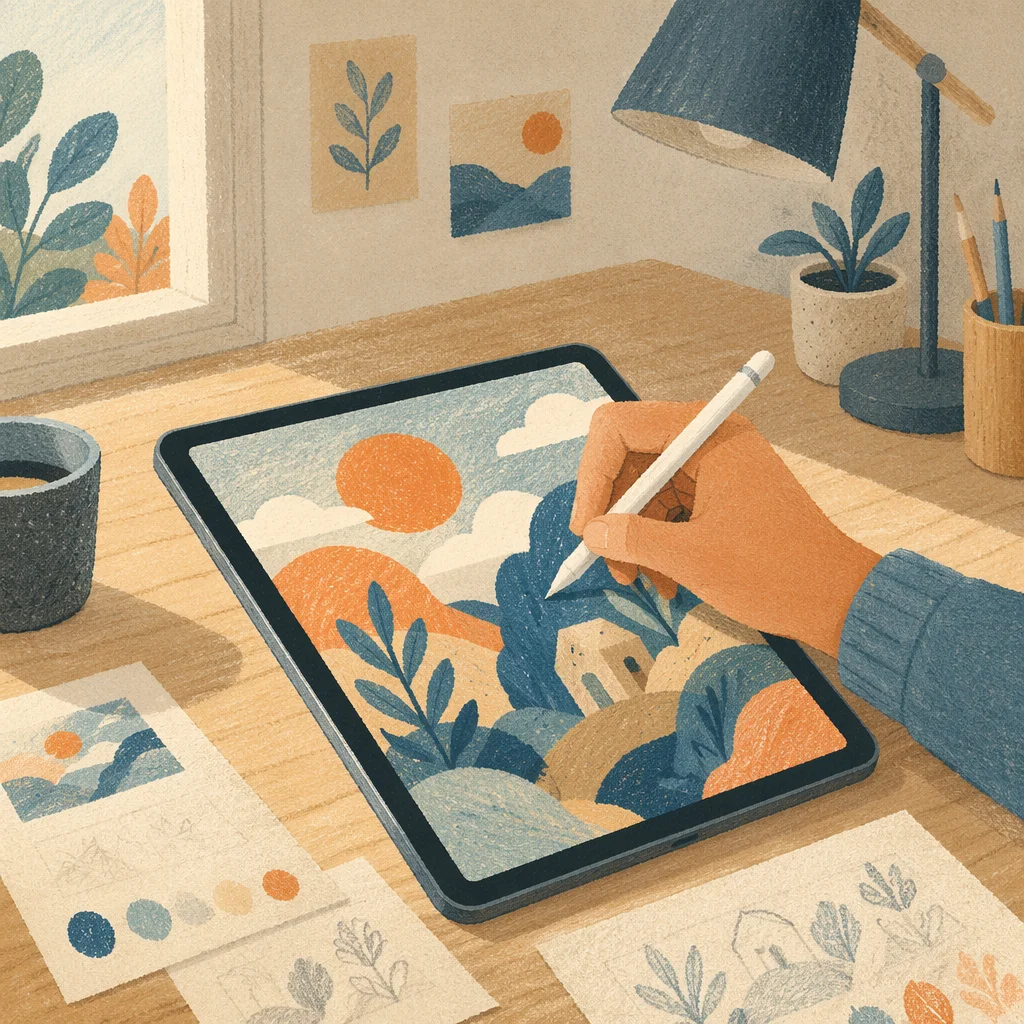 Creative Tablet Drawing on Oak Desk