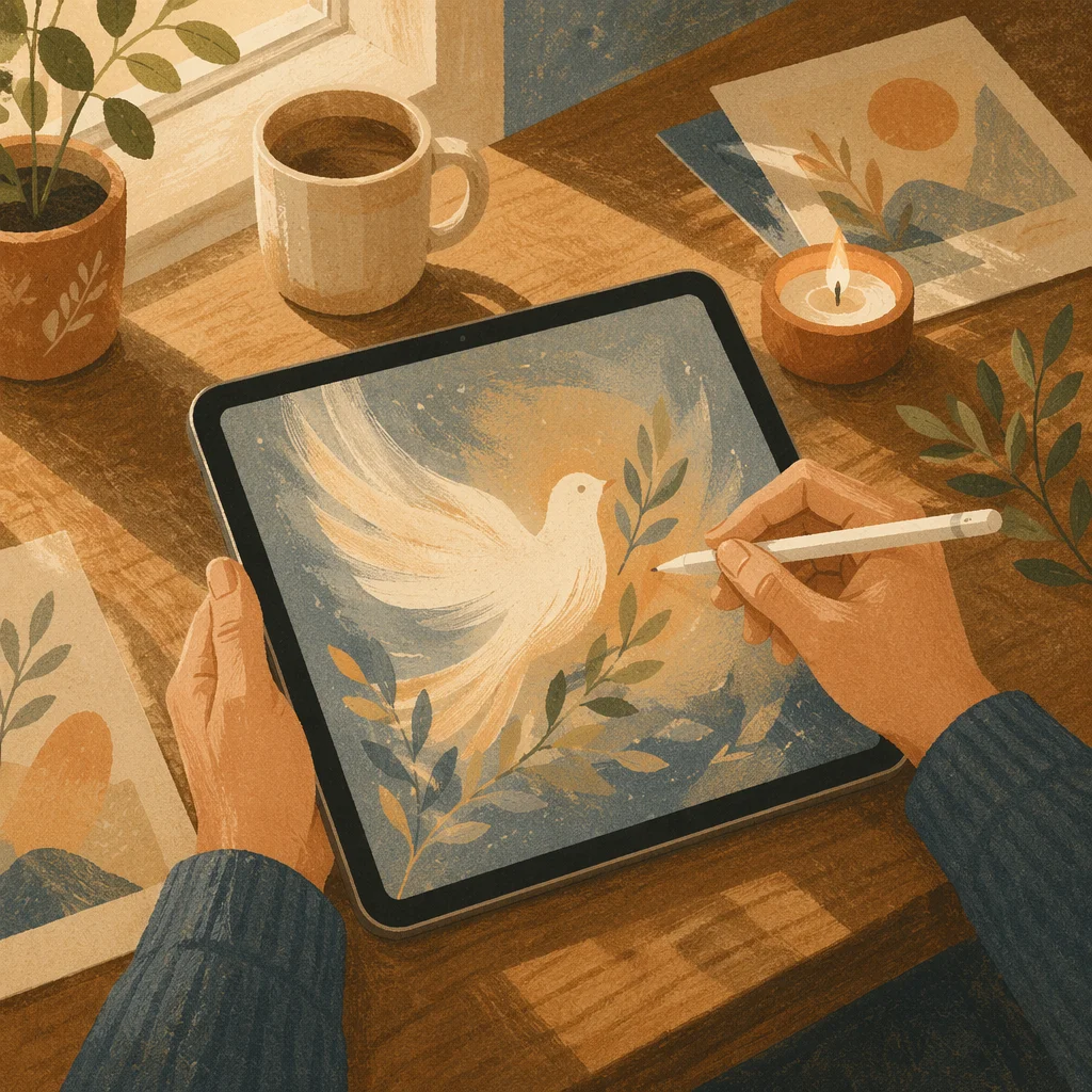 Stylus Drawing Dove on Digital Tablet
