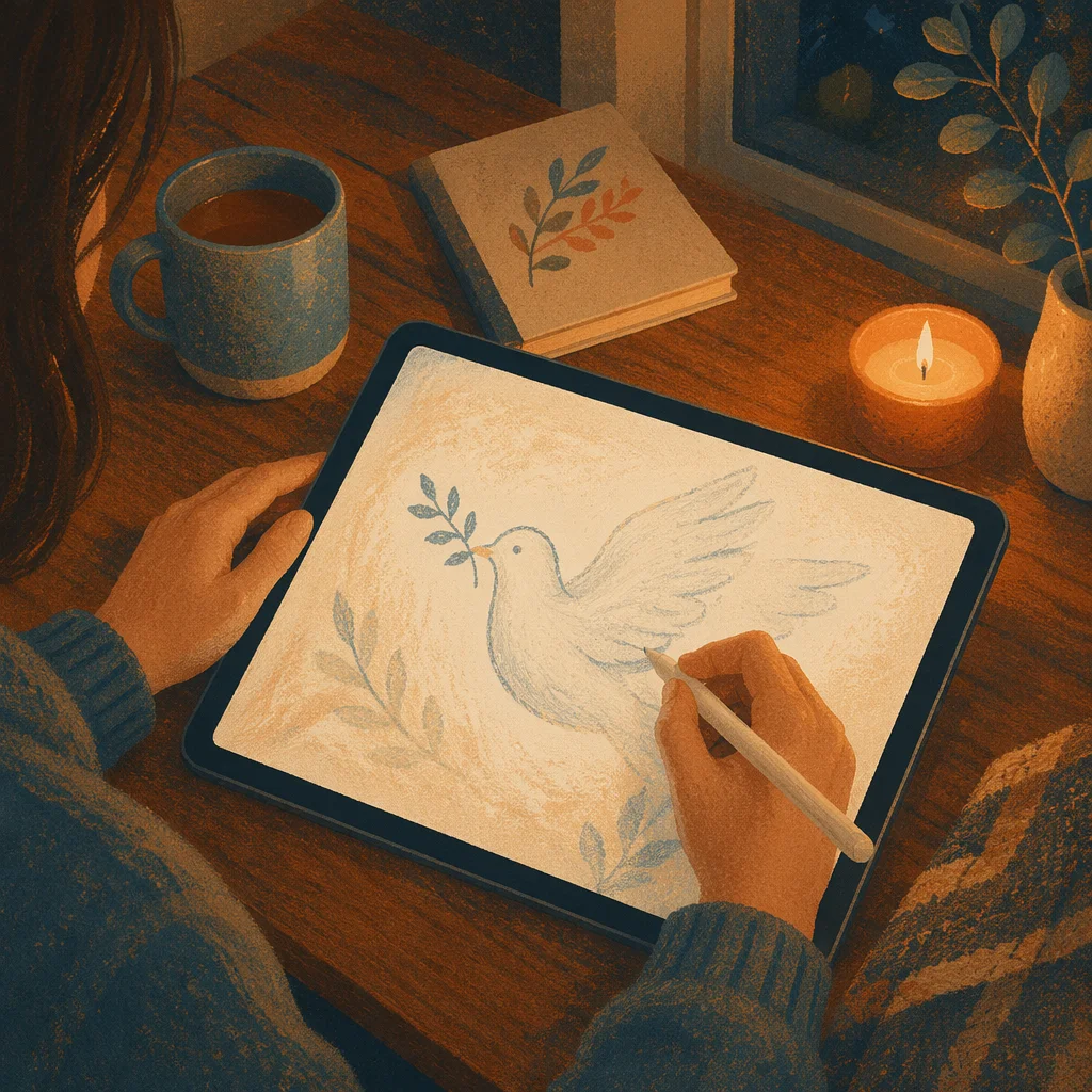 Peaceful Digital Dove Sketch on Tablet