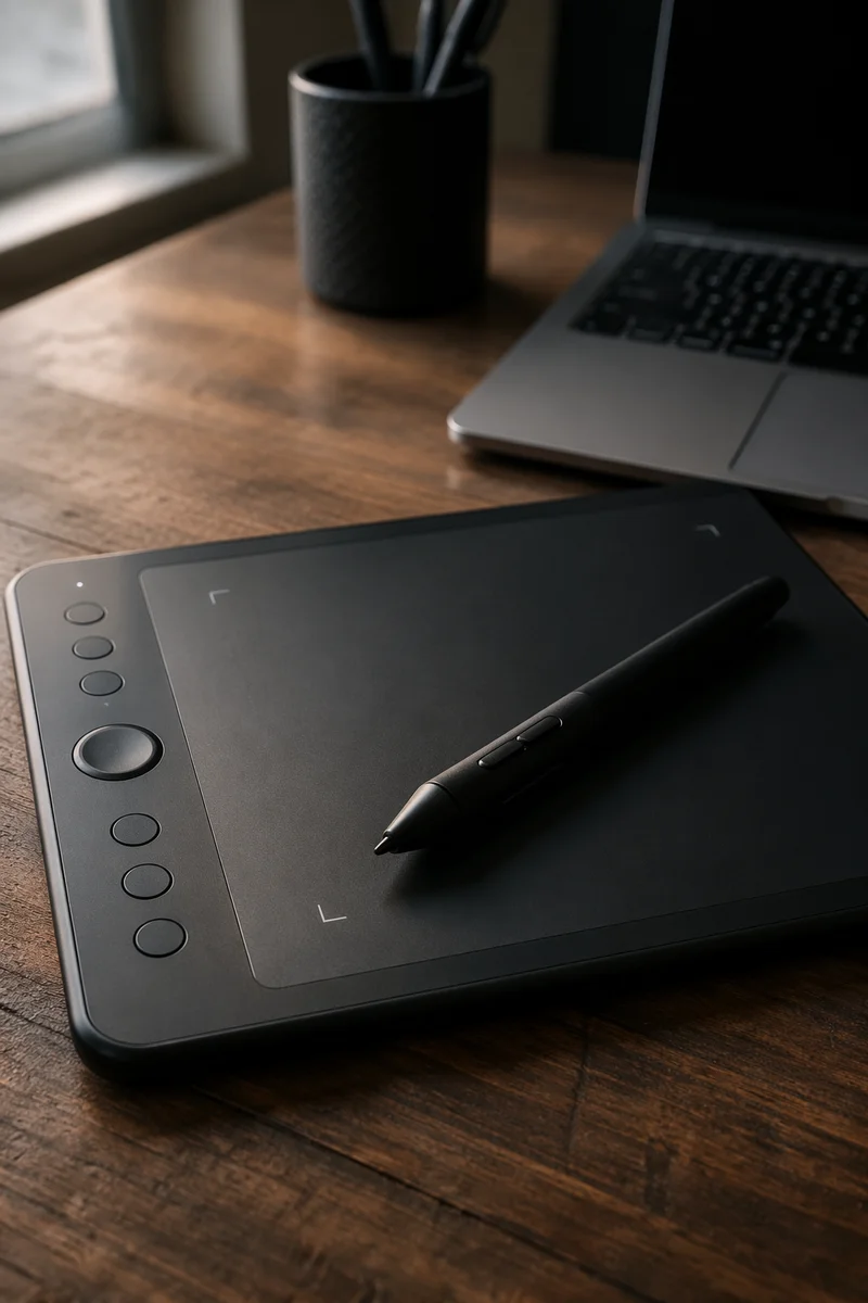 Creative Digital Tablet with Stylus on Wooden Desk