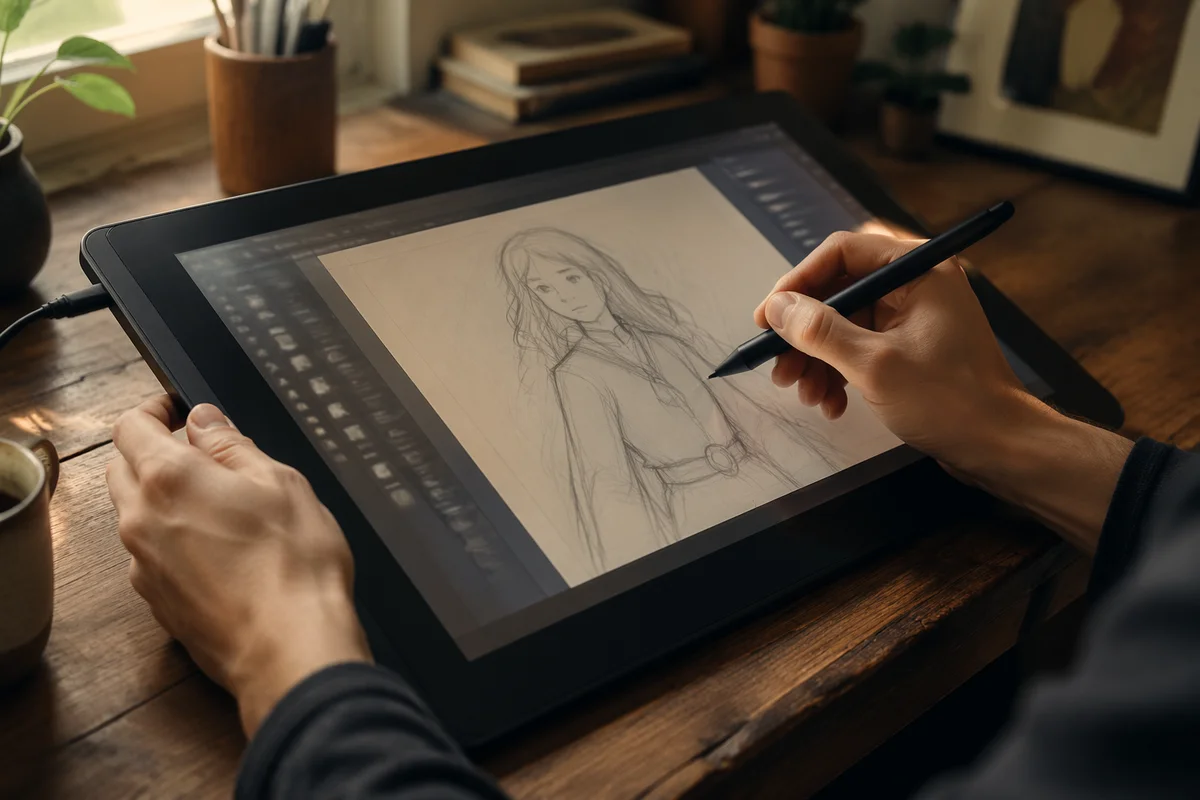 Hands Drawing on Digital Tablet Workspace