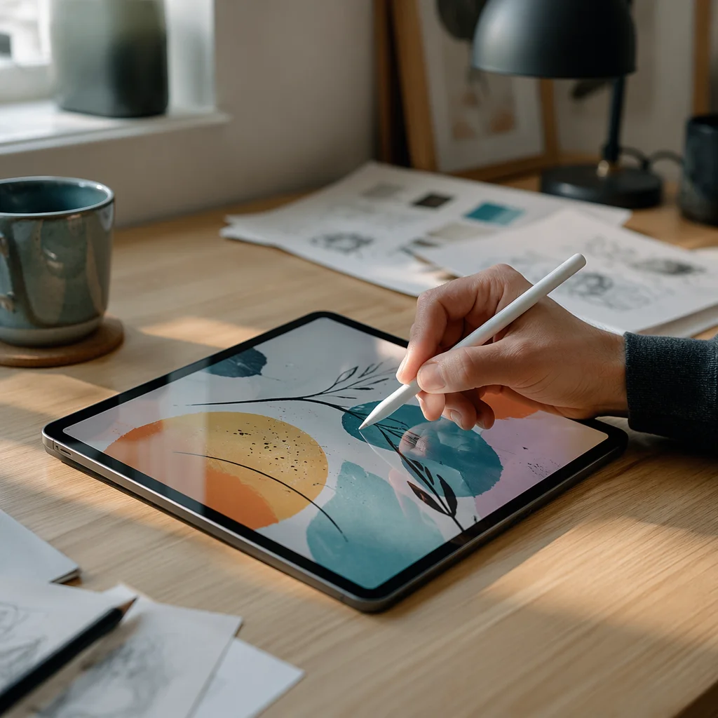 Creative Drawing on Digital Tablet Desk