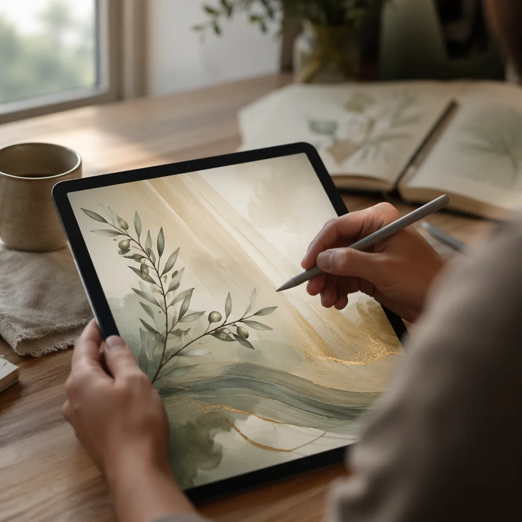Hands Drawing Olive Branch on Digital Tablet