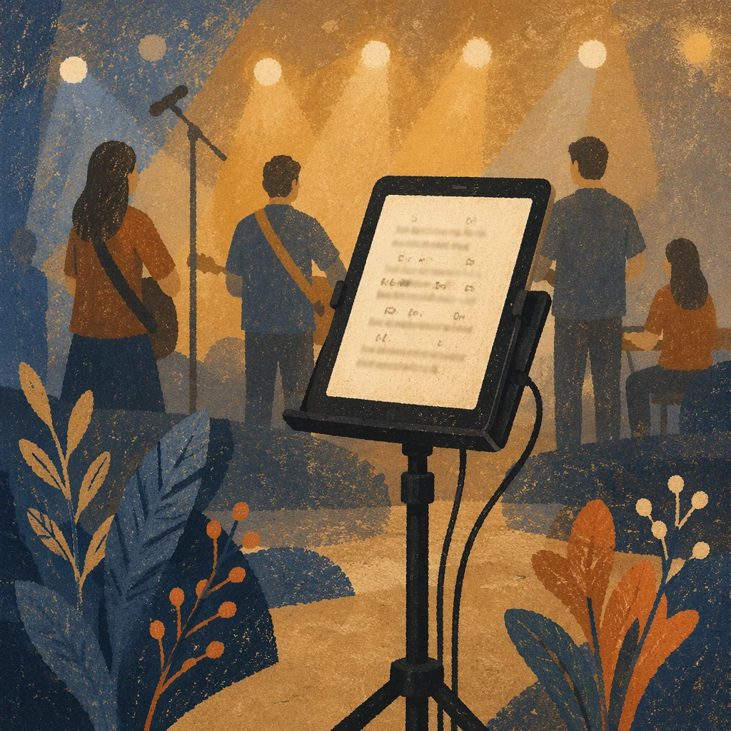 Tablet on Music Stand Stage Close-up