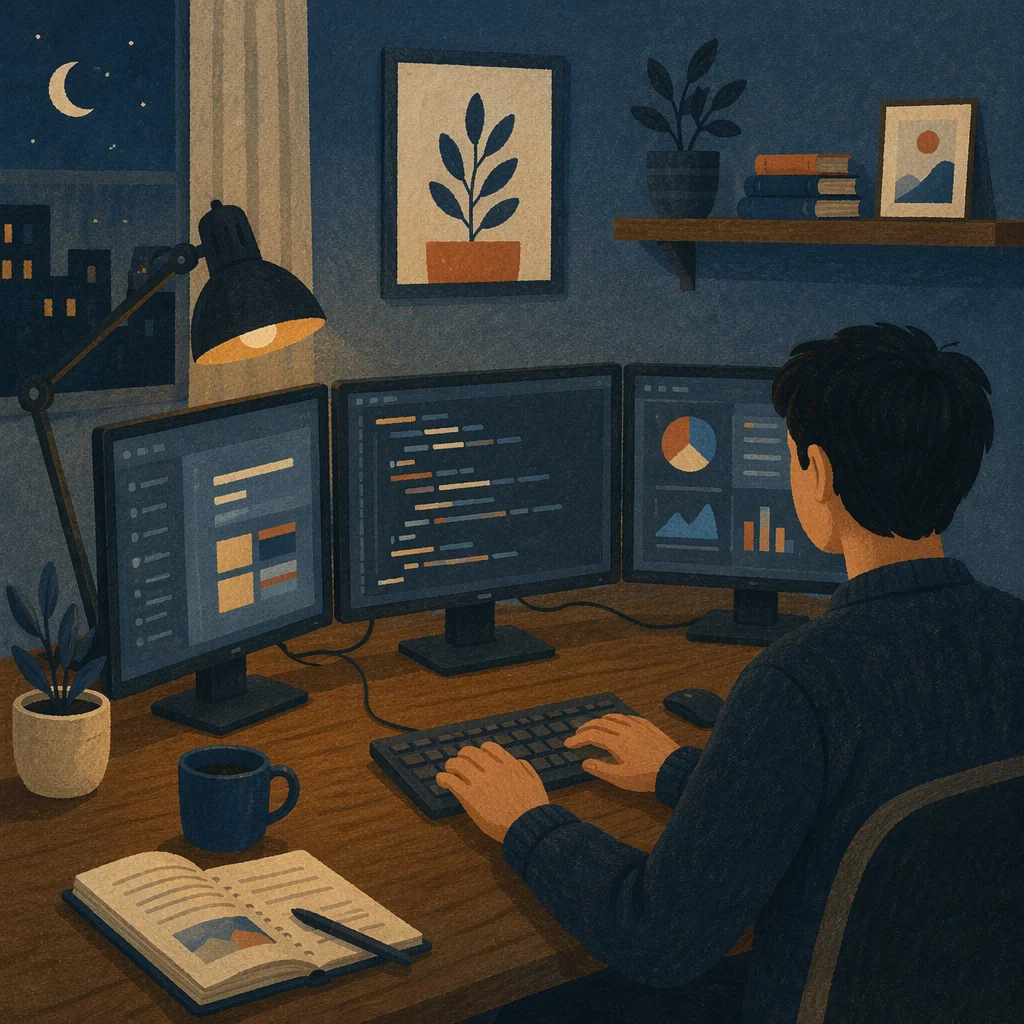 Calm Multi Screen Developer Workspace at Dusk