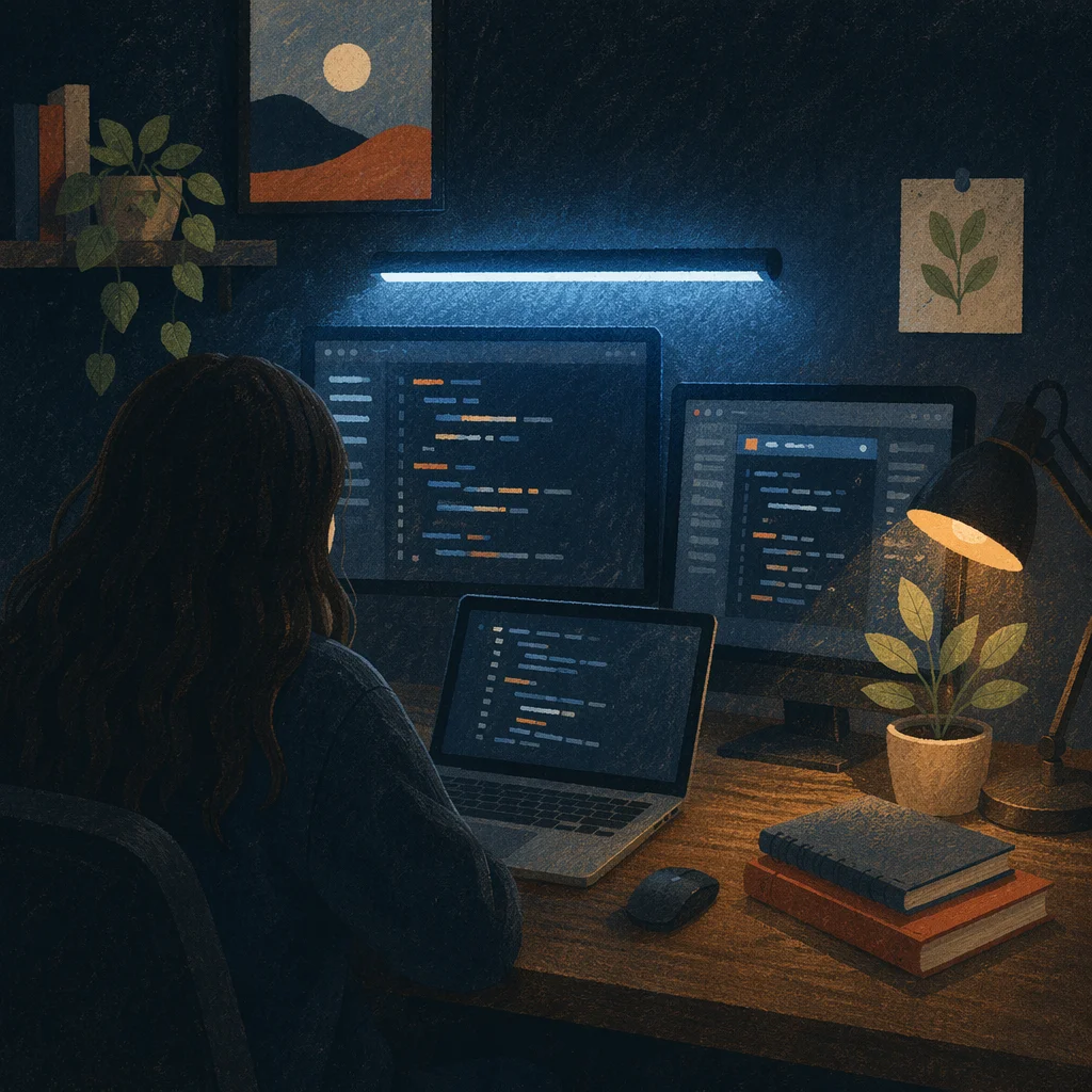 Late Night Developer Workspace with Multiple Screens