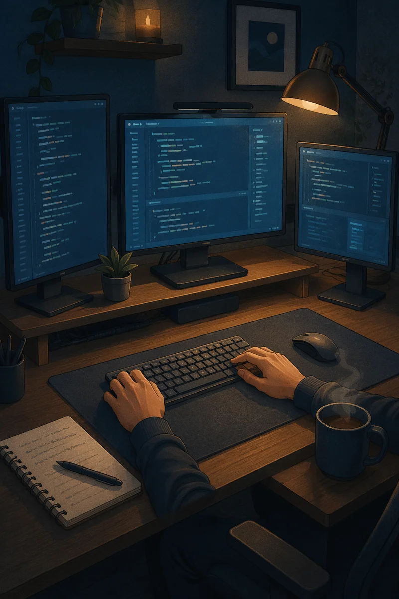 Late Night Developer Workspace With Triple Screens