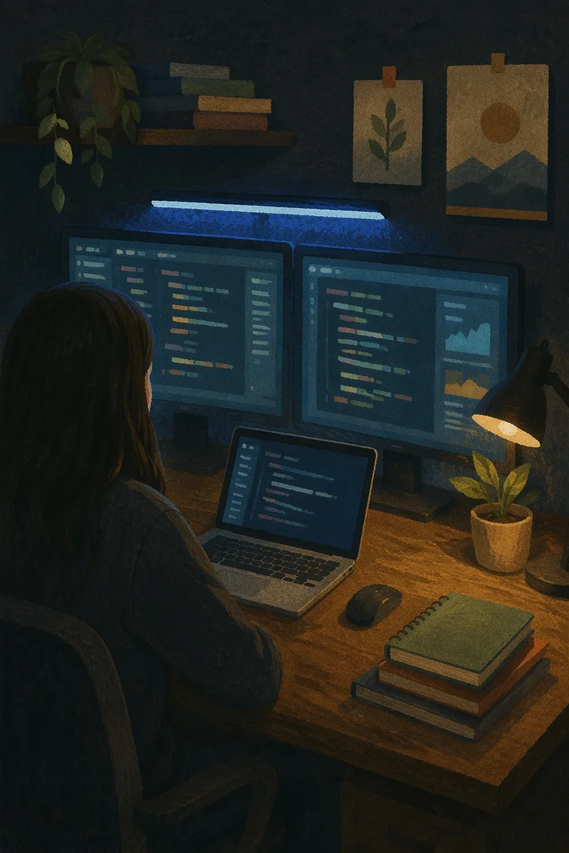 Late Night Developer Workspace with Screens