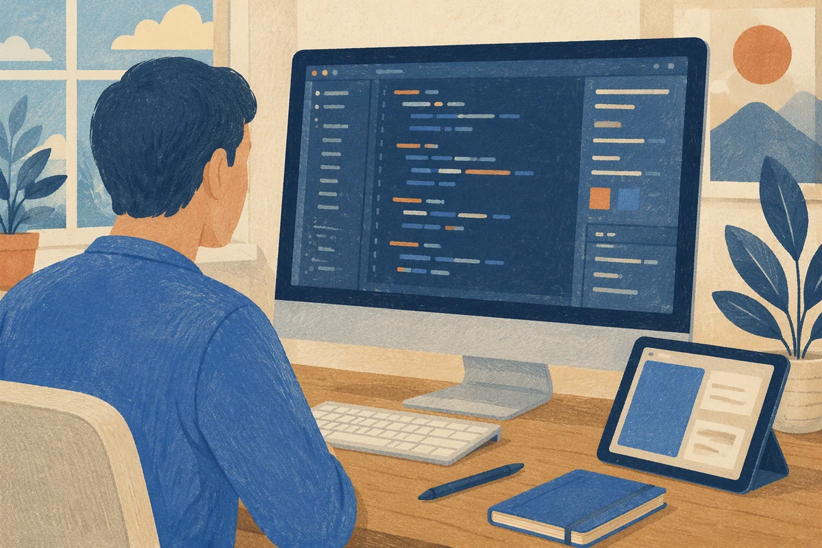 Blue Shirt Developer Multi Screen Workspace