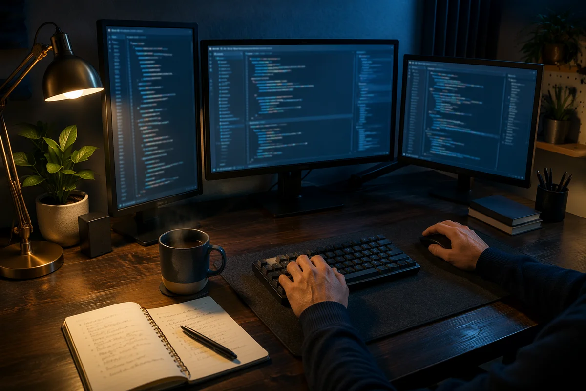 Calm Evening Developer Workspace With Multiple Screens