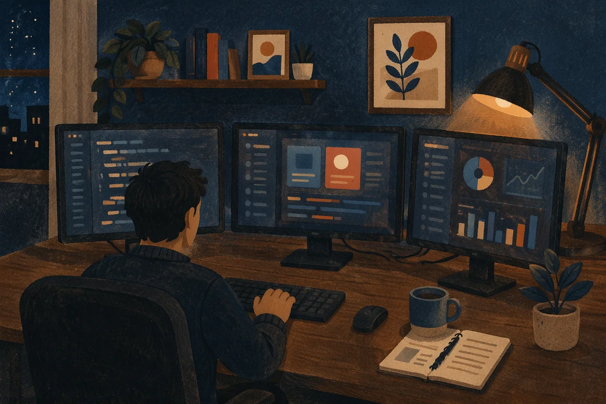Calm Multi Screen Developer Workspace at Dusk