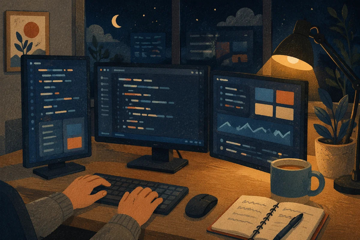 Late Night Multi Screen Developer Workspace