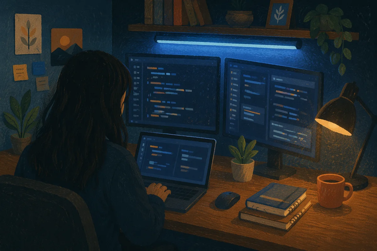 Late Night Developer Workspace with Multiple Screens