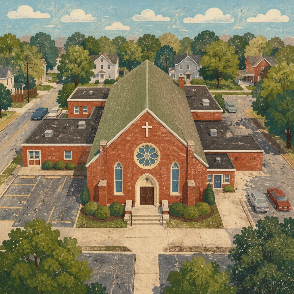 Aerial View of Historic Red Brick Church