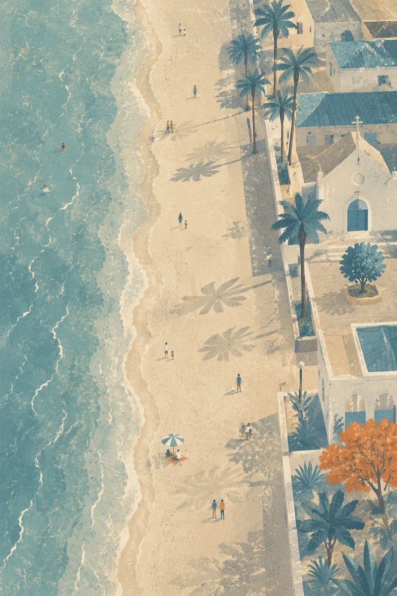 Aerial Seaside Church Along Turquoise Shore