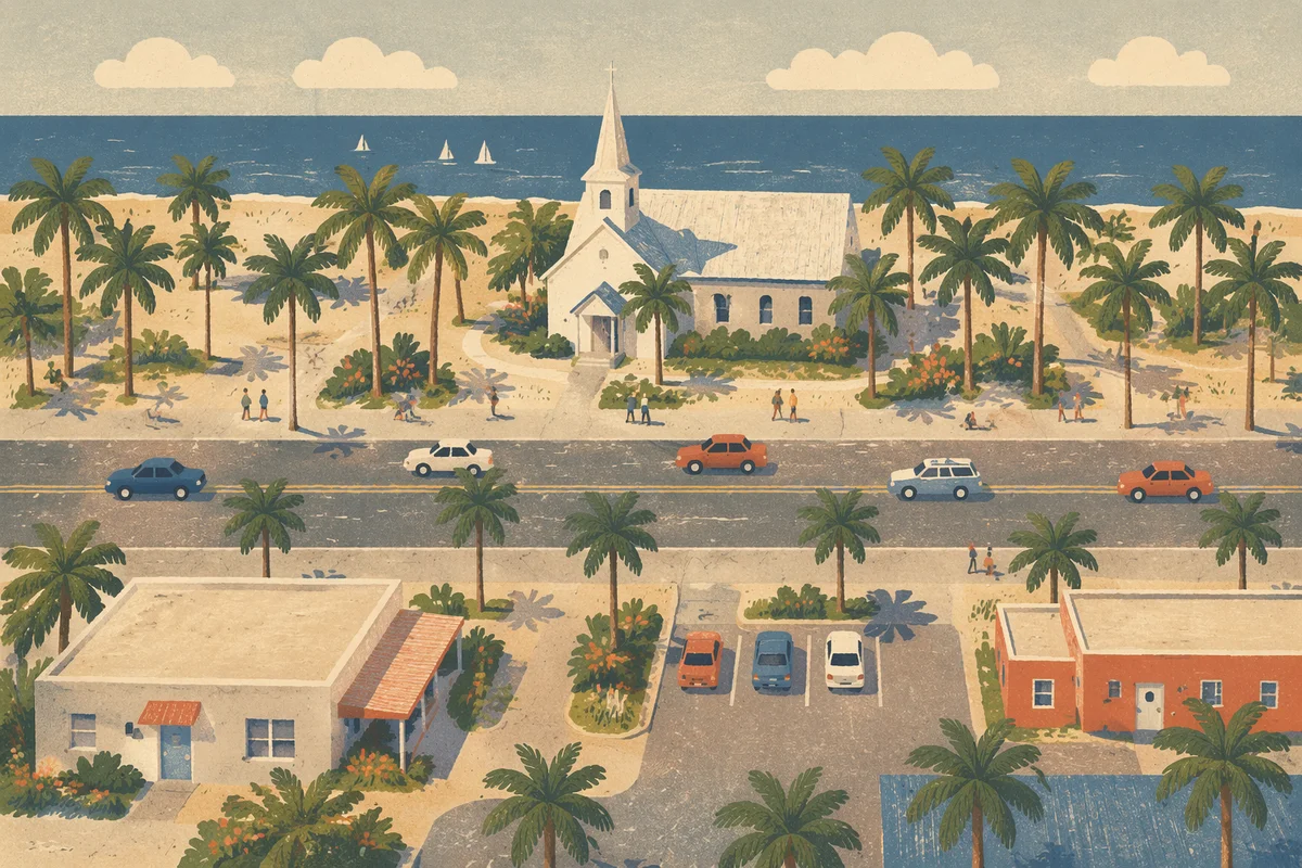 Coastal Church Drone View at Golden Hour