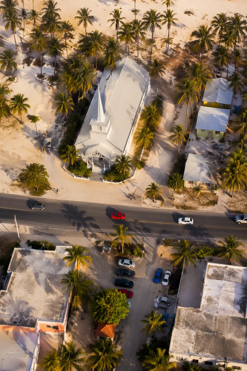 Coastal Church Drone View at Golden Hour