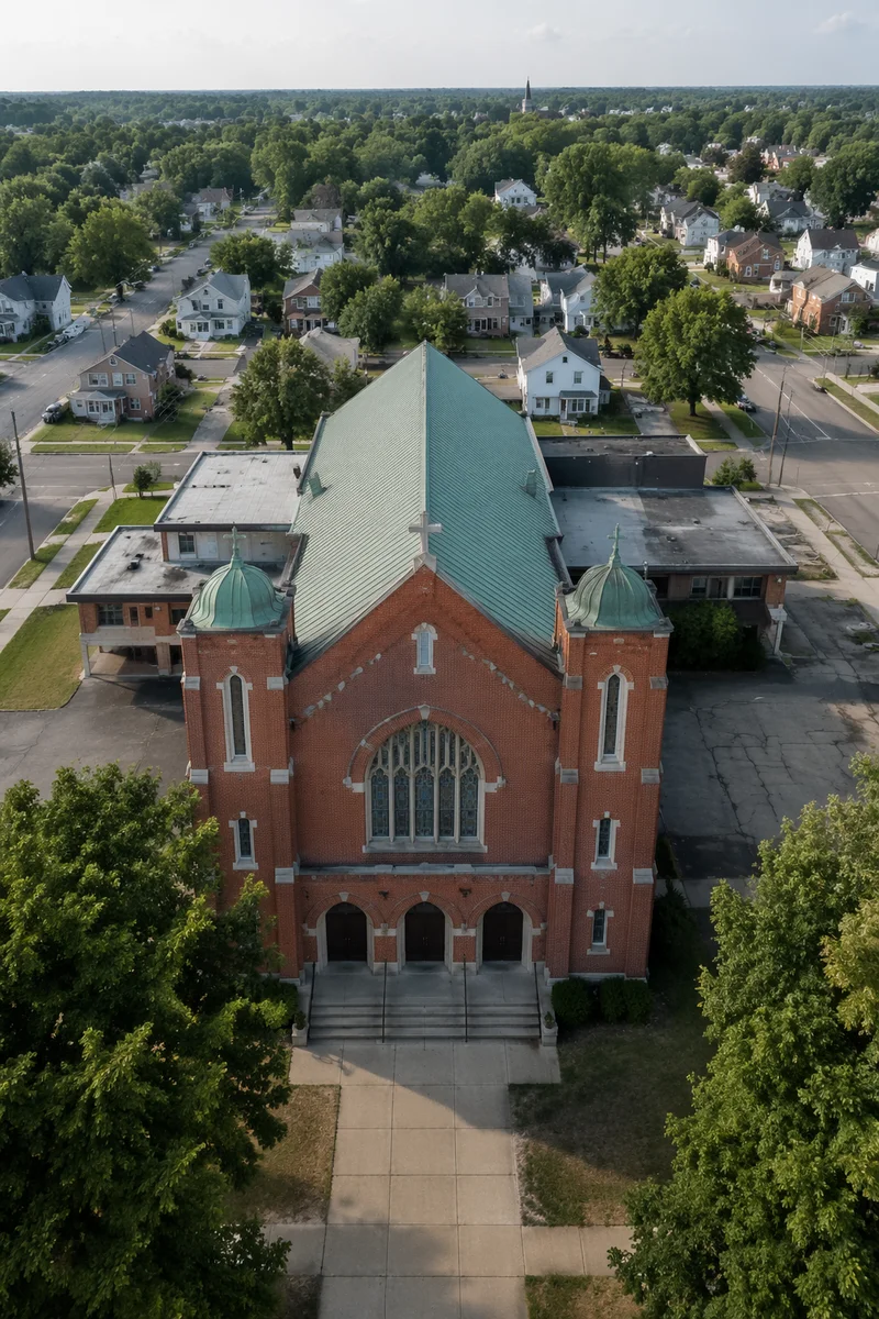 Drone Aerial View of Historic Red-Brick Church