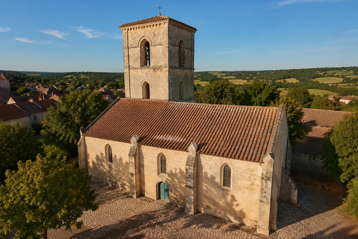 Drone Aerial View of Historic Stone Church