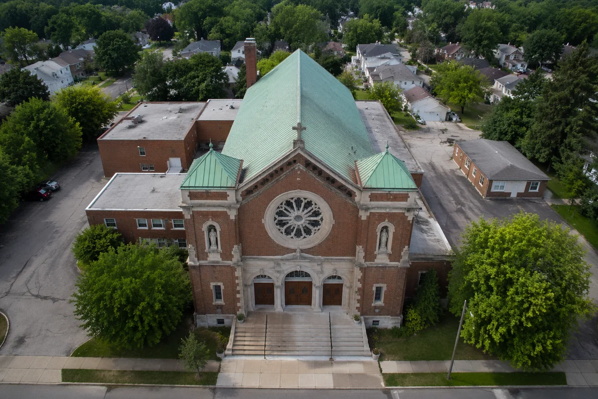 Historic Red Brick Church Aerial View