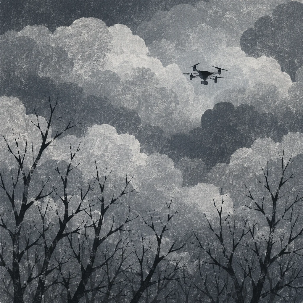 Drone Silhouette Over Winter Sky