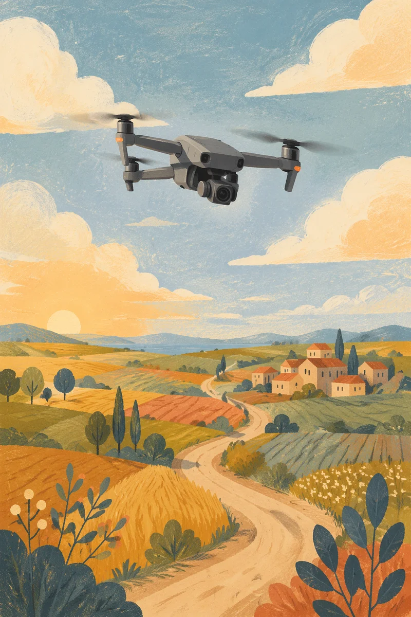 Camera Drone Over Rural Morning Fields