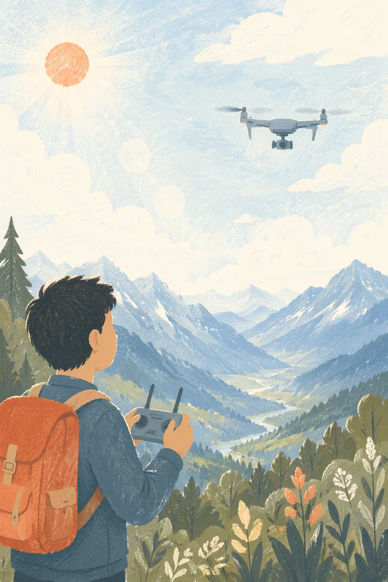 Drone Hovering Over Bright Mountain Valley
