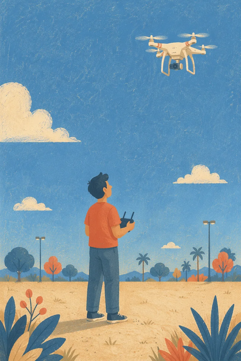 Drone Camera Hovering Over Clear Blue Sky