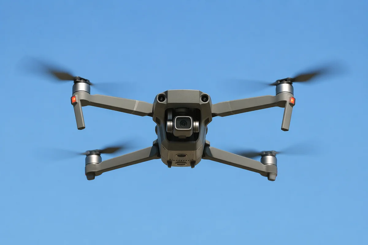Quadcopter Drone Hovering in Clear Blue Sky