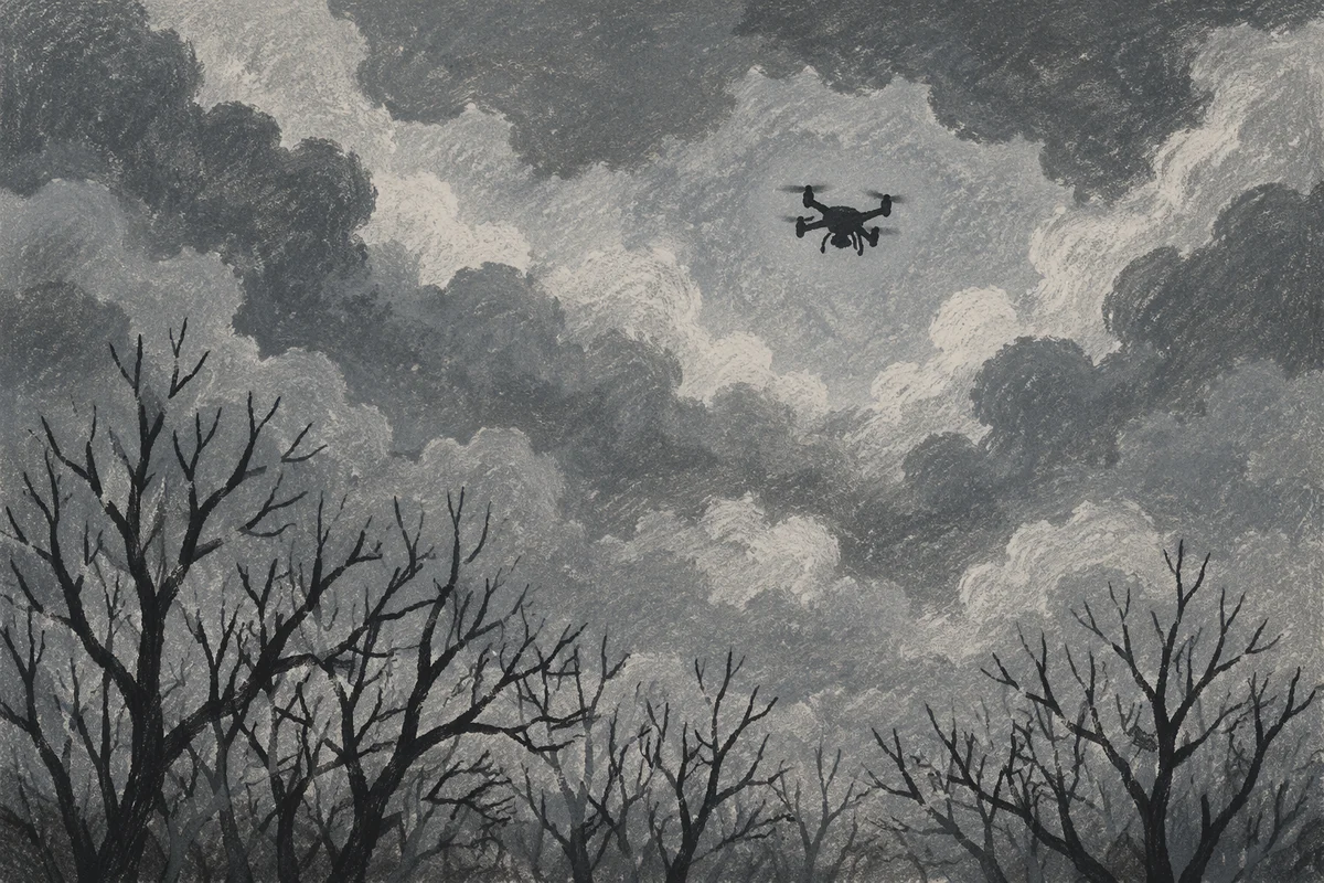 Monochrome Drone Above Winter Branches