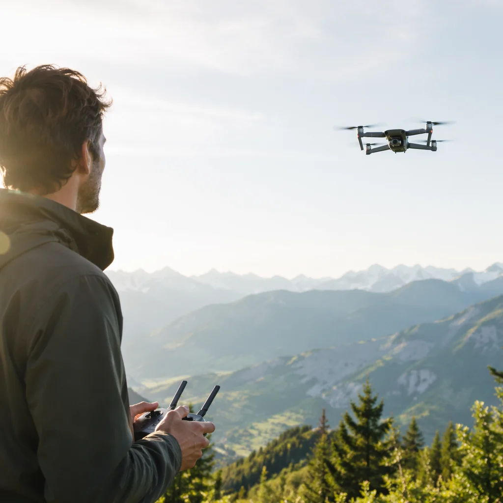 Camera Drone Hovering Over Mountain Valley