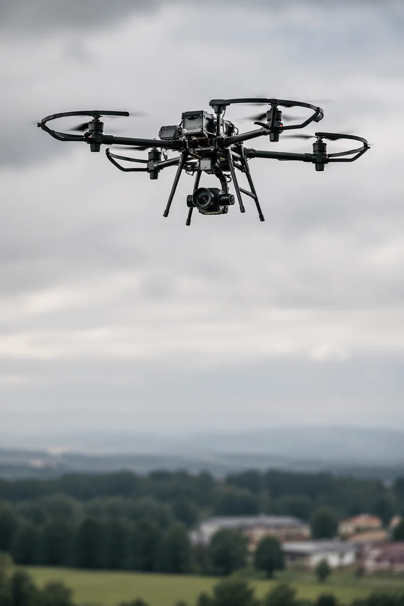Professional Drone Hovering in Overcast Sky