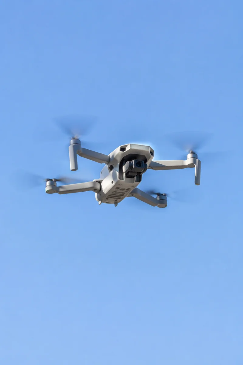 Quadcopter Drone Hovering in Clear Blue Sky