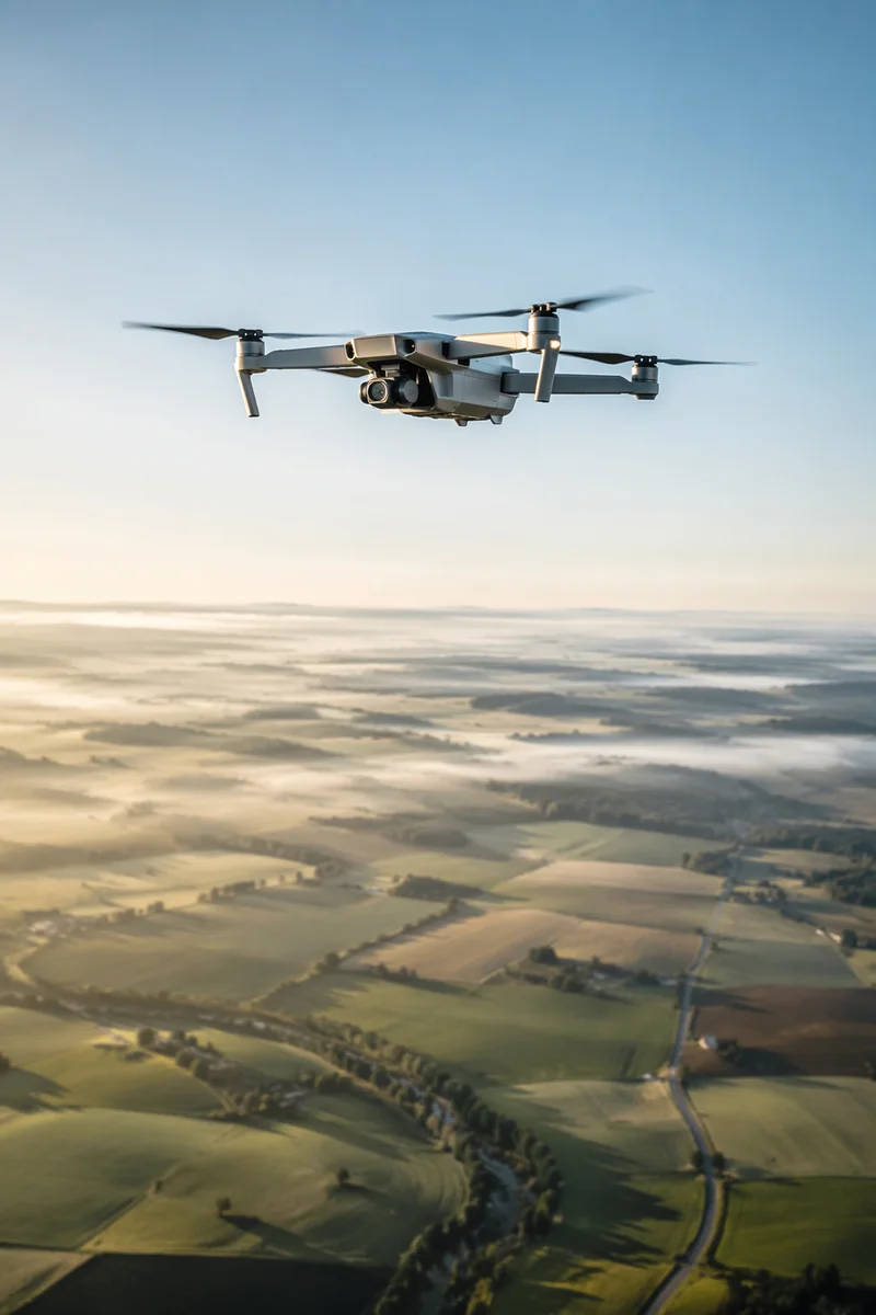 Camera Drone Hovering Over Morning Farmland