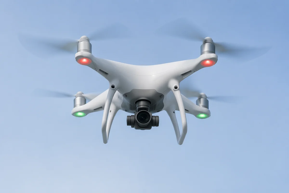 White Quadcopter Drone Flying in Blue Sky