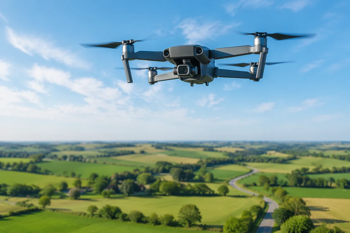 Quadcopter Drone Hovering Above Green Fields