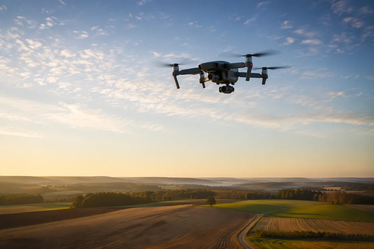 Camera Drone Hovering Over Sunrise Fields