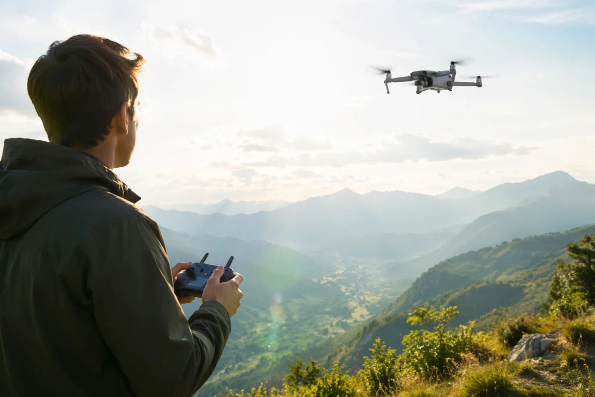 Drone Hovering Over Bright Mountain Valley