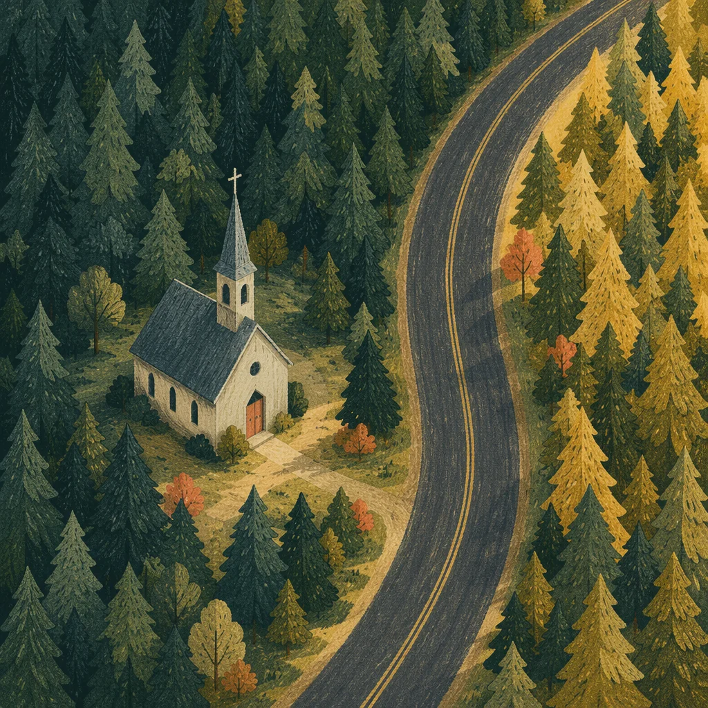 Aerial Church in Forest Clearing