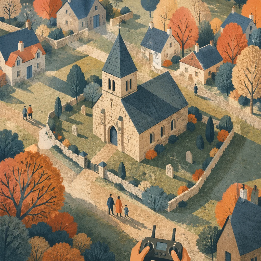 Aerial Drone View of Historic Village Church