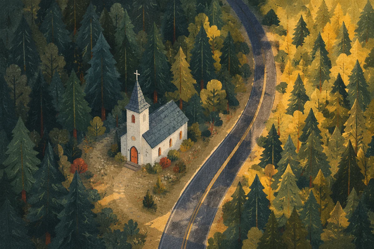 Aerial Countryside Church in Evergreen Forest